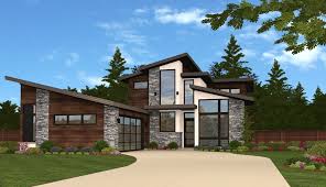 Modern house plan with vaulted ceiling in living & dining area, covered terrace, full wall height windows, three bedrooms. L Shaped House Plans Modern House Plans By Mark Stewart