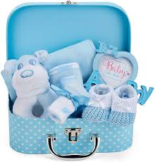 An awesome range of baby boy gifts for your new lil' guy. Baby Gift Set Blue Hamper Box For Baby Boy With Baby Gifts Including A Rattle Photo Frame Muslin Cloth Bib Socks Mitts And Hat Amazon Co Uk Baby