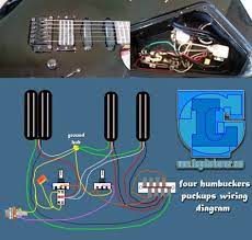 Regarding the wiring, keep in mind that on these pickups, the green wire is the hot lead which gets soldered to the selector switch. Four Humbuckers Pickup Wiring Diagram All Hotrails And Quadrail Guitar Building Custom Bass Guitar Wire
