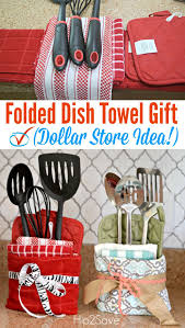 Easy Dollar Tree Gift Idea Great For Housewarming Wedding Shower And Mother S Day Hip2save Dollar Tree Gifts Dish Towels Gifts Diy Gift Baskets