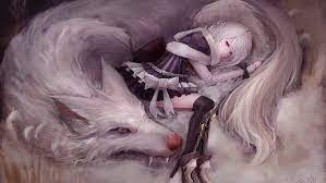 She's a winged wolf girl. Hd Wallpaper Girl In Blue Dress Lying On White Wolf Illustration Animals Wallpaper Flare