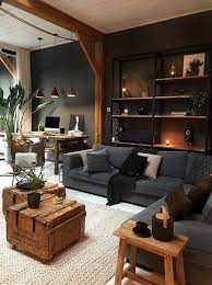 You can also have a few wall decorations or a crystal decoration on the side table for an arty feel in the space. Masculine Industrial Living Room With A Wall Mounted Shelving Unit Masculine Living Rooms Home Living Room Industrial Decor Living Room
