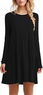 Tinyhi Women S Casual Plain Long Sleeve Loose Swing Cotton Dress Black Small Loose Black Dress Black Dress Fall Mini Dress Casual