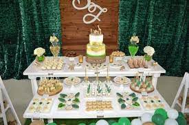 Gold And Hunter Green Safari Baby Shower Dessert Bar Babyshowerideas4u Birthdayparty Babyshower Green Baby Shower Safari Baby Shower Cake Safari Baby Shower