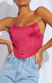 I honestly dont know what material this is but it feels like police tape. Hot Pink Satin Pointed Hem Bandeau Corset Prettylittlething