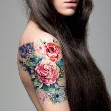Colorful Flowers Shoulder Tattoo Mens Hip Tattoos Long Brown Hair Grey Background Flower Tattoo Shoulder Watercolor Tattoo Flower Watercolor Rose Tattoos
