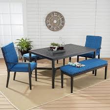 Mainstays Rockview Outdoor Patio Dining Set Metal 5 Piece Cushioned Blue Walmart Com In 2020 Patio Dining Set Patio Furniture Sets Outdoor Dining Table Setting