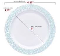 White with Turquoise Blue and Silver Mosaic Rim Round Plastic Dinnerware Value Set
