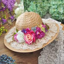 Vintage Straw Hats For Girl Lace Flower Decoration Wide Brim Hat Tea Party Hats Tea Hats Spring Hats