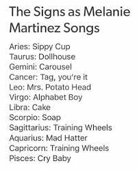 The Signs As Melanie Martinez Songs Zodiac Signs Horoscope Zodiac Signs Zodiac Signs Leo
