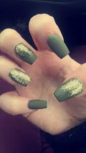 Olive Green Matte Gold Sparkle Squaffin Square Coffin Style Green Nail Designs Gold Nails Green Nails