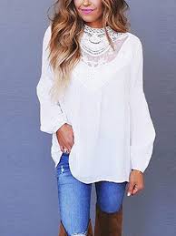 Veuillez lire les instructions de taille dans la description pour éviter d'acheter la mauvaise taille. Chemisier Avec Dentelle Col Ronde Manches Longues Elegant Femme Blouse Blanc Chemisiers Hauts