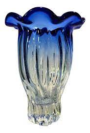 Vintage Hand Blown Clear And Blue Art Glass Vase Blue Art Glass Vase Art Glass Vase Blown Glass Art