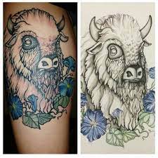 Great tattoos beautiful tattoos bull tattoos ink tattoos animal tattoos tatoos bison tattoo buffalo tattoo tattoo quotes for great white buffalo native american headdress tattoo. White Buffalo Tattoo With Blue Morning Glories Original Artwork By Amanda Carlson And Tattoo By Courtn Traditional Tattoo Drawings Buffalo Tattoo Siren Tattoo