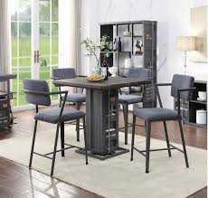 Acme 77905 07 5 Pc Cargo Container Antique Walnut Wood Gunmetal Metal Counter Height Dining Table Set Counter Height Dining Table Set Counter Height Dining Table Fabric Dining Chairs