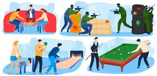 Su principal función es proporcionar diversión y entretenimiento a los jugadores. La Gente Juega Juegos Actividades Recreativas Y Divertidas Entretenimientos Con Juegos De Paintball Billar Juegos De Bolos Vector Premium