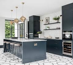 Grey quartz kitchen floor tiles. Blue Center Island On Black And White Hexagon Floor Tiles Transitional Kitchen