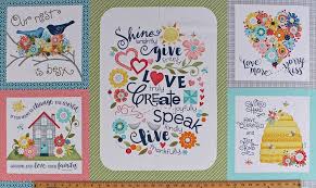 I will touch a hundred flowers and not pick one. 24 X 44 Panel Home Grown Inspirational Quotes Sayings Honeybees Flowers Floral Hearts Birds Love Family Faith Nancy Halvorsen Multi Color Blocks Cotton Fabric Panel 06801 99
