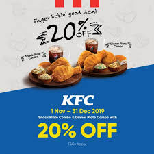 Kfc 20 Off For Snack Plate Dinner Plate Combos Deals