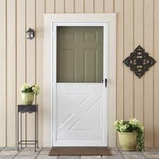 Some screen doors have latches to lock the door. Emco 32 In X 80 In 75 Series White Crossbuck Storm Door E75xb 32wh The Home Depot