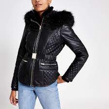 Black Faux Leather Fitted Padded Jacket Black Faux Leather Padded Jacket Coats Jackets Women