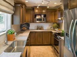 transitional galley kitchen with brown