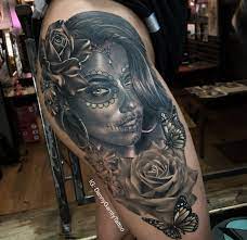 99 ($0.83/count) get it as soon as wed, jun 9. Woman S Thigh Piece Tattoo With Realistic Day Of The Dead Girl And Rose With Butterfly Done In 3 Sessions Alltog Thigh Piece Tattoos Pieces Tattoo Thigh Piece