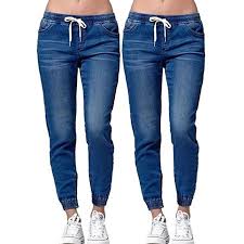 women summer casual denim pants drawstring high waist jeans trousers