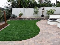 Garden backyard landscaping with bistro furniture springtime. Patio Pavers Concrete Stone Pacific Dreamscapes Of San Diego