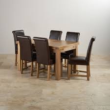Dorset Natural Solid Oak Extending Dining Table And 6 Braced Scroll Back Brown Leather Chairs Oak Dining Sets Brown Leather Chairs Dining Table