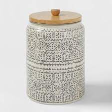 Grey and white embossed ceramic canisters with airtight bamboo lids, kitchen accessories, home storage & organisation. Large Stoneware Genesis Stripe Food Storage Canister White Gray Threshold Target