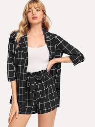 Black And White Plaid Blazer And Skirt Set Shein Plaid Blazer With Self Tie Waist Shorts Two Piece Outfit Plaid Blazer Tie Waist Shorts