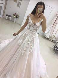 2018 Vintage Cheap A Line Wedding Dresses Bohemian Appliqued Jewel Sheer Neck Sweep Train Online Wedding Dress Wedding Dresses Taffeta White Lace Wedding Dress