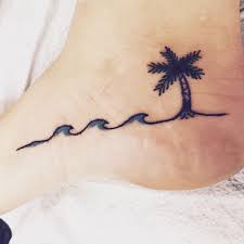 Beach Palm Tree And Waves Tattoo On Foot Foot Tattoos Crotch Tattoos Tree Tattoo Foot