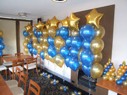 Sapphire Blue And Gold Floor Arrangements All With Gold Star Balloons Up Top Balloon Centerpieces Balloon Stands Gold Graduation Party