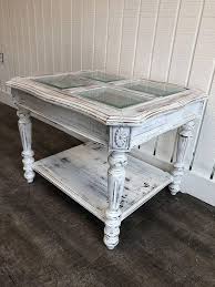 Shabby Chic Whitewashed Coffee Table End Table Vintage Oak White Distressed Glass Top Shabbychic Shabby Chic Coffee Table Chic Coffee Table Vintage Home Decor