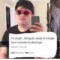 Im Single Bilingual Ready To Mingle From Monday To Domingo 92417752 Pm 225 Retweets 406 Likes Meme On Me Me