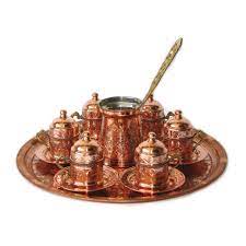 Flower engraved copper turkish coffee pot. Turkish Coffee Set For Six With Lids And Tray