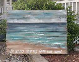 Distressed Reclaimed Wood Pallet Wall Art Hand Painted Sign Seascape With Beach Cottage Upcycled Wall A Wood Pallet Art Wood Pallet Wall Art Beach Wall Art