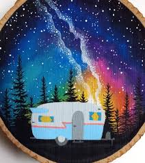 Camper Wood Slice Art Trailer In The Forest Mountain Wood Etsy Painting On Wood Wood Slice Crafts Wood Slice Art