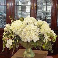 Elegantly Styled Silk Flower Centerpiece Arranged With White Hydrangeas Accented Hydrangea Arrangements Hydrangea Flower Arrangements Silk Flower Arrangements