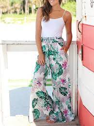 Robes, tops, jeans, manteaux et chemisiers. Pantalons Longue Large Imprime Tropicale Feuille Fleurie Fluide Ceinture Mode Boho Femme Blanc Et Vert Pantalon Bas