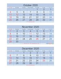 Free Printable 3 Month Calendar 2020 Oct Nov Dec Pdf Excel Free Printable 2020 Calendar Templates Calendar Calendar Template Calendar 2020