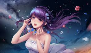 The series and all characters are so fascinating and. Wallpaper Anime Girls Purple Hair Mask Flowers Sky Starry Night White Dress Smiling Purple Eyes Original Characters 2000x1169 Onecivilization 1957219 Hd Wallpapers Wallhere