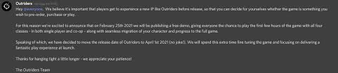 While the actual game only launches on 1 april, people can fly are hoping to titillate and satisfy players with a look at outrider's early game.it's launching on practically every platform (sorry nintendo switch and stadia), will consume around 22gb and. We Have Decided To Move The Release Date Of Outriders To April 1st 2021 No Joke Outriders