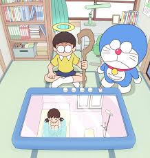 kiyo (kyokyo1220), doraemon (character), minamoto shizuka, nobi nobita,  doraemon, highres, bath, bath stool, bathroom, bathtub, completely nude,  glasses, halo, holding, holding staff, nude, staff, stool, x-ray, yellow  halo - Image View - |