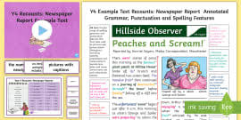 The features of newspapers (val minnis). News Report Writing Example Pack Primary Resource