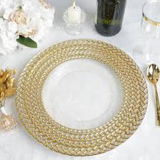 Decorative glass charger plates clear gold beaded for wedding event dinner table. 8 Pack 13 Clear Round Decorative Glass Charger Plates With Silver And Gold Braided Rim Glass Charger Plates Glass Charger Clear Glass Charger Plates