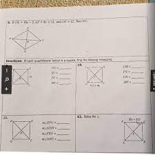 In a cyclic quadrilateral abcd,∠a=(2x+4)o,∠b=(y+3)o,∠c=(2y+10)oand∠d=(4x−5)o. Solved If De 16x 3 Ef 9x 11 And Df 52 Find Hg Directions If Each Quadrilateral Below Is A Square Find The Missing Measures 10 Vu Course Hero