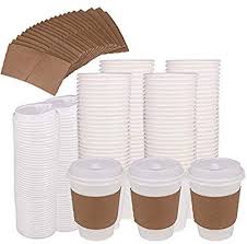 Amazon Com 100 Pack 12oz Hot Paper Coffee Cups With Travel Lids Kraft Cardboard Sleeves Disposable Paper Cups For C Paper Coffee Cup Paper Cup Coffee Cups